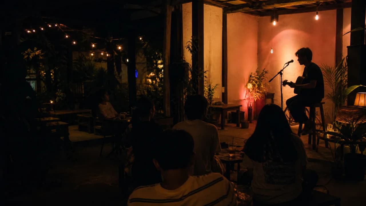 Students watching an acoustic open-mic performance
